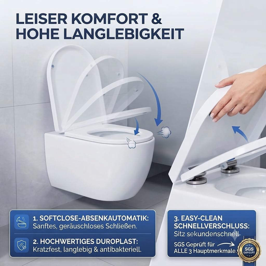 Spülrandloses Hänge-WC Wand-WC Set 53cm Tiefspüler mit Softclose-Sitz Weiß | Spülrandlose Wandtoilette inklusive Schallschutz und Tornado Spülung. Pflegeleichte Nano Beschichtung für das Gäste WC