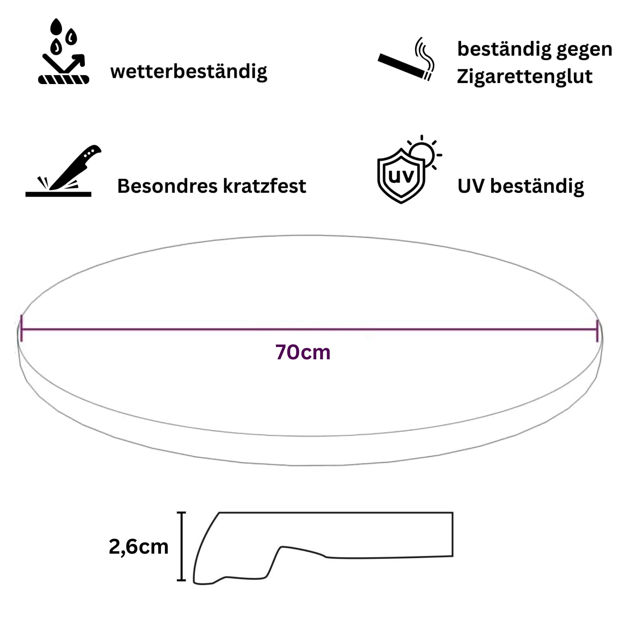 Hochwertige Tischplatte Werzalit – Ø70cm – 2,6 cm dicke für Bistrotisch/Esstisch/für Outdoor und Indoor - Farbe: montpellier