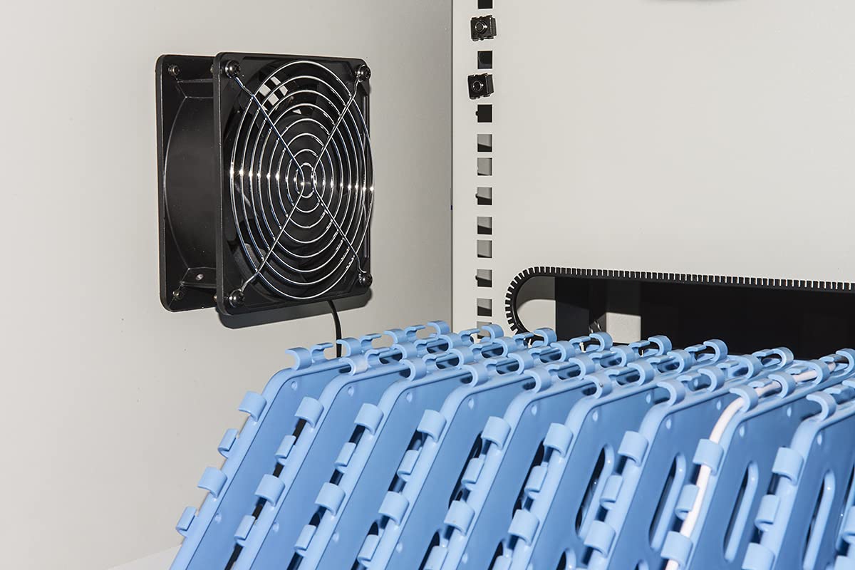 LINK Armario con 40 tabletas con Ruedas, multienchufes, Ventiladores de refrigeración y Puerta de Acero Perforado, Color Gris y Negro