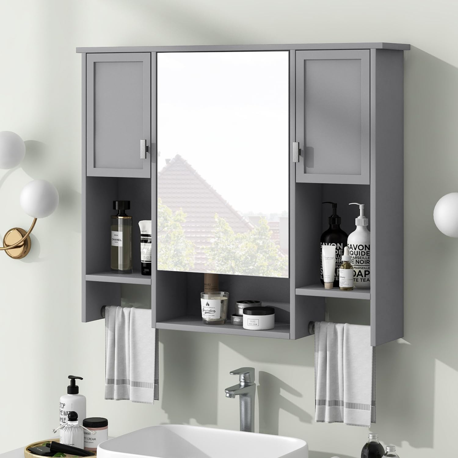 Geelife 35" x 28" Modern Wall Mounted Bathroom Storage Cabinet, Bathroom Wall Cabinet with Mirror, Cabinet with Towels