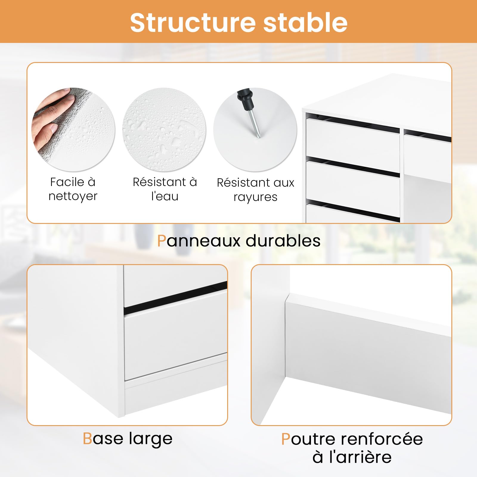 eSituro Bureau d'Ordinateur avec 5 Tiroirs, en MDF de Haute Qualité, Table Informatique avec Rangement, pour Chambre, Studio et Bureau, 120x55x75 cm, Design Nordique, Blanc