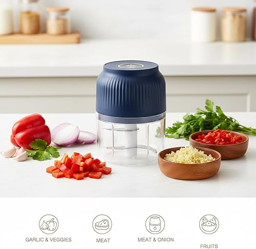 Miniatura 3 de Picadora eléctrica de ajo de capacidad de 10.1 fl oz, mini cortador de verduras portátil, 4 cuchillas afiladas de acero inoxidable, mini picadora
