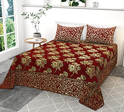 Image of Velvet Queen Size Bedsheet Set, 3 Piece Jaquard Weaved Long Life bedsheet with 2 Pillow Covers, Coffee Colour (Multicolor)