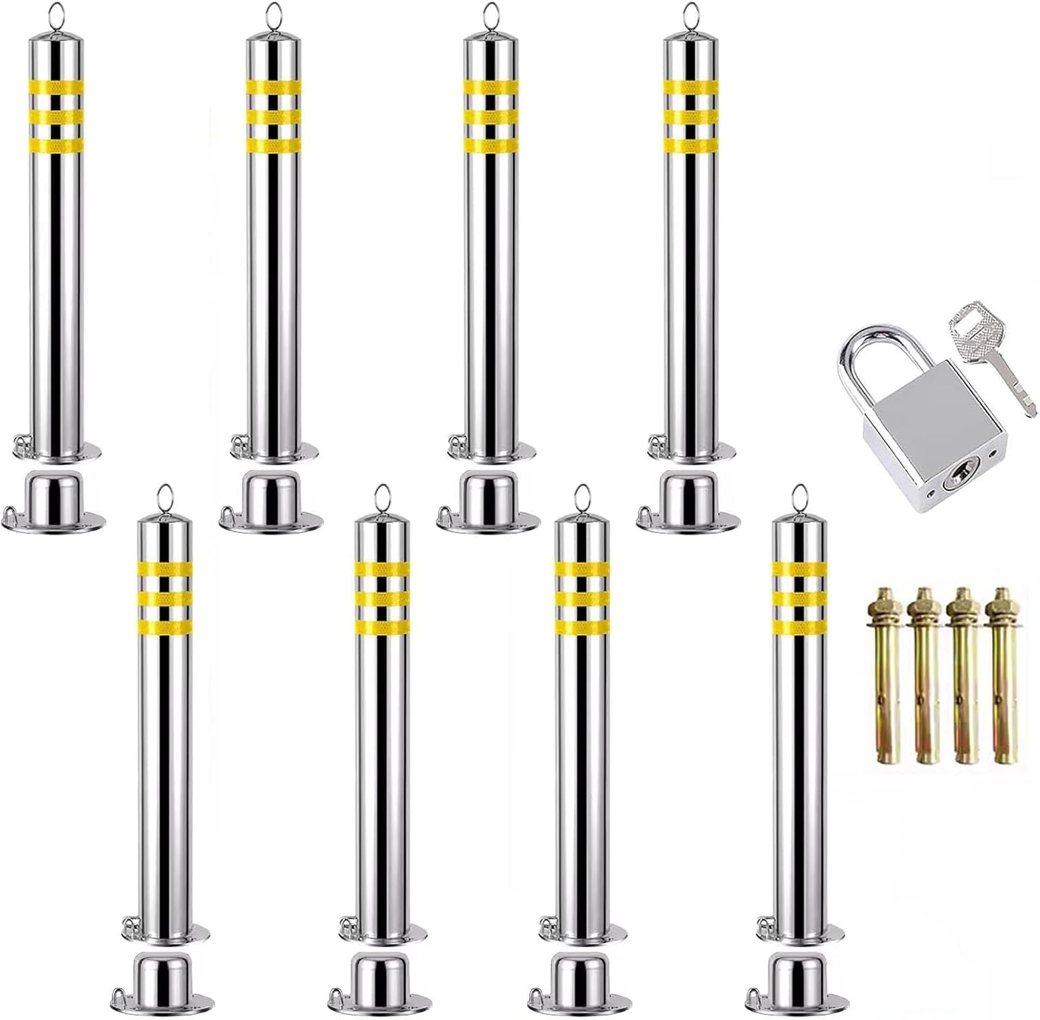 JYBNBBE Delineator Post Cone Driveway Caution Sign 24in 30in 35in 44in Driveway Security Bollards Kit, Conspicuous Removable Driveway Barrier Stanchion With Padlock, Stainless St,8 Pack-H 35inch/90cm