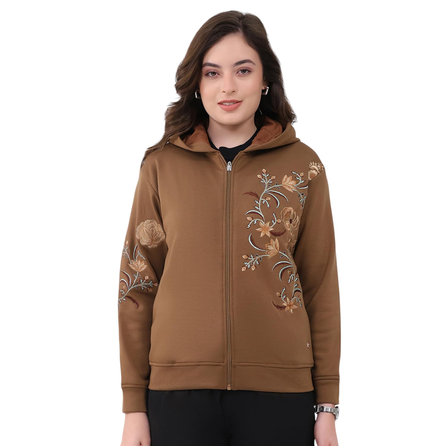 Women’s Regular Fit Embroidery Hooded Neck Full Sleeve Winter Sweatshirt | Elegant Embroidery | Soft Warm Fabric | Stylish Winter Hoodie for Women (Pack of 1)