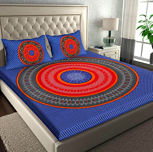 Image of RajasthaniKart Pure 100% Cotton Double Bed Sheet with 2 Pillow Covers (Bedsheet for Double Bed Cotton, Blue, Bhandej)