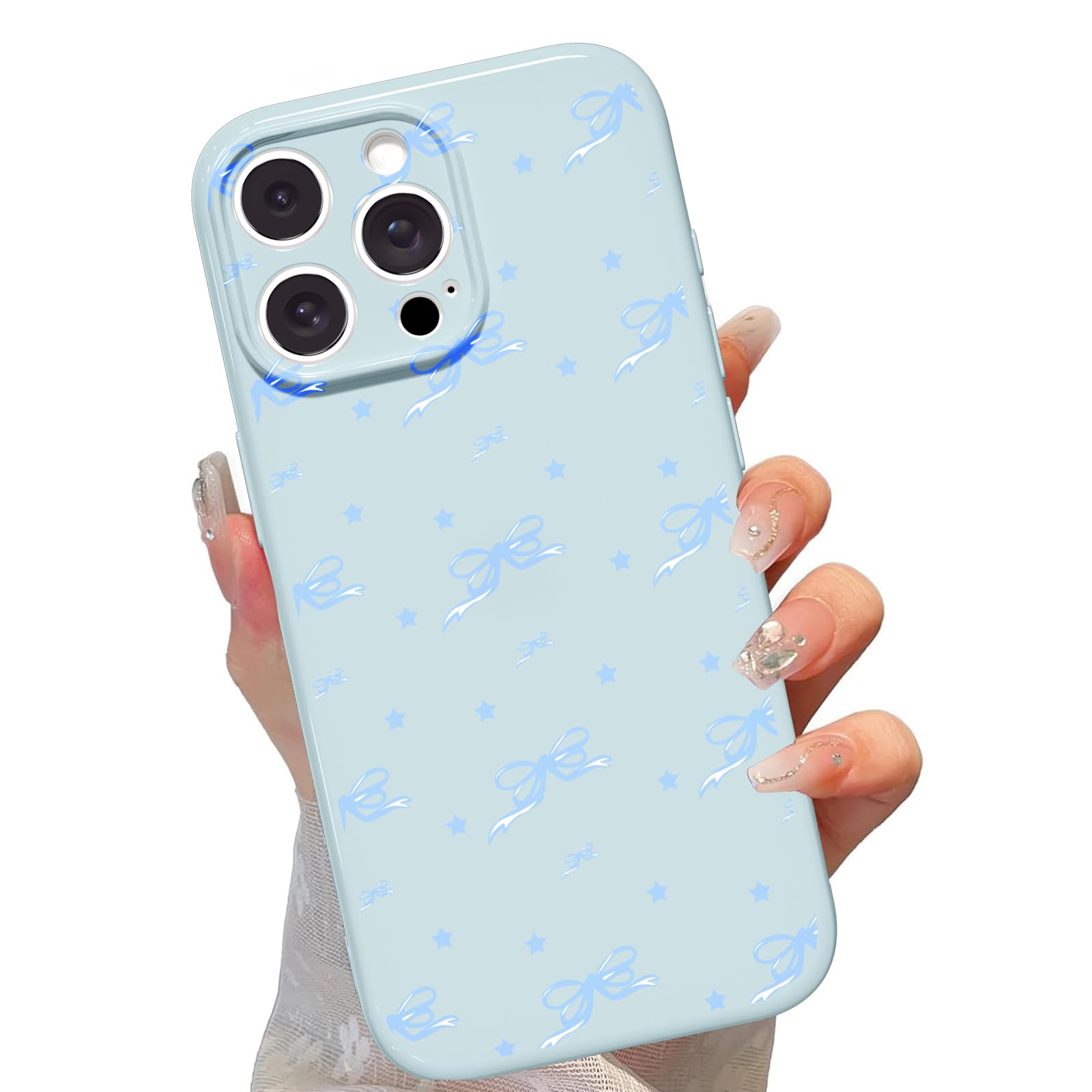 lioscre Cute Bow Phone Case for iPhone 14 Pro 6.1", Aesthetic Blue Star Ribbon Bowknot Pattern Print Design Women Girly Case Gloss Raised Camera