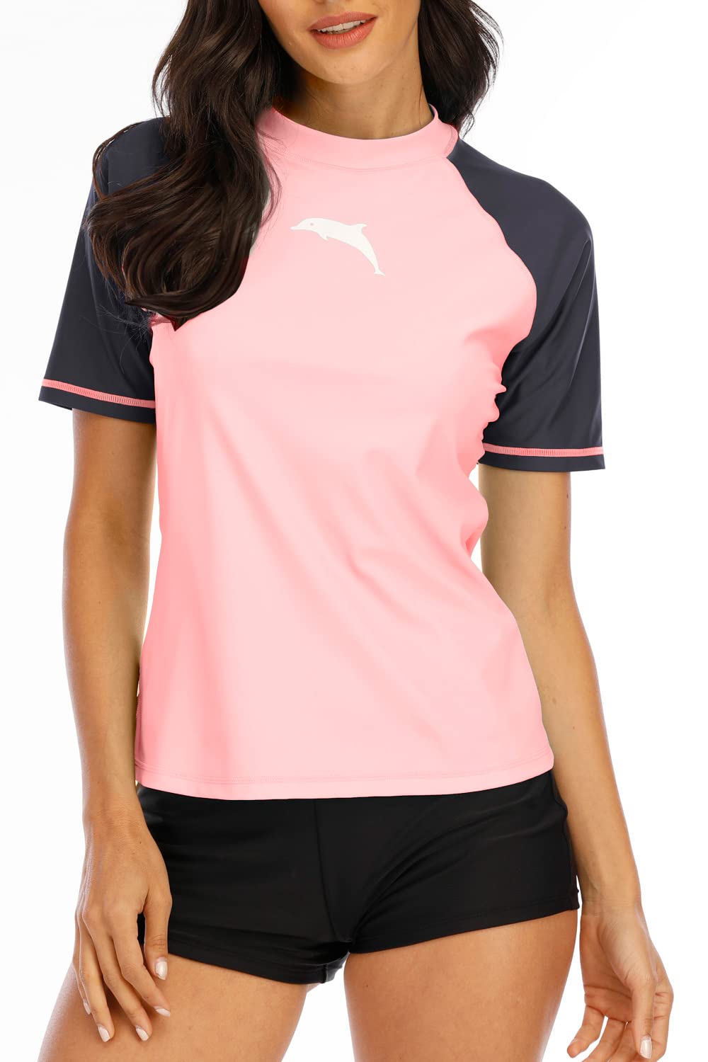 Halcurt Swimsuit Rash Guard Women Short Sleeve Swim Tees Swim Shirt SPF UV Block Surf Shirts Pink M