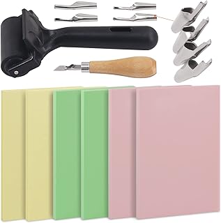 Rustark 12Pcs Rubber Stamp Making Kit with Stamp Block, Rubber Brayer Roller,Rubber and Wood Carving Cutting Tool, Block Printing Starter Tool Kit for Inking Blocks Carving and Printmaking