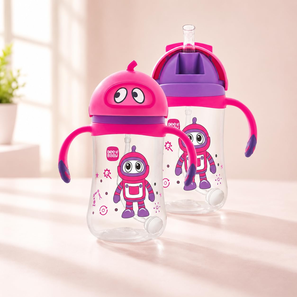 BeeBaby Robo Flipee Silicone Straw Sippy Cup 300ml with Weighted Straw, Flip Cap Lid & Easy Grip Handles | Leak Proof BPA Free Training Sipper Cup | Spill Proof Bite Resistant Straw Cup, Pink-image-39