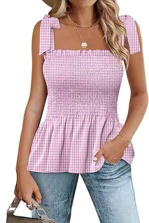 Micoson Ruffle Tank Tops for Women Summer Square Neck Sleeveless Tops Tie Shoulder Chiffon Blouse Babydoll Shirts
