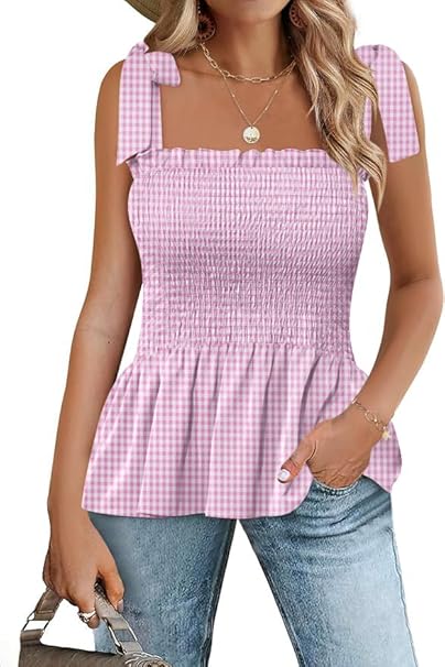 Micoson Ruffle Tank Tops for Women Summer Square Neck Sleeveless Tops Tie Shoulder Chiffon Blouse Babydoll Shirts