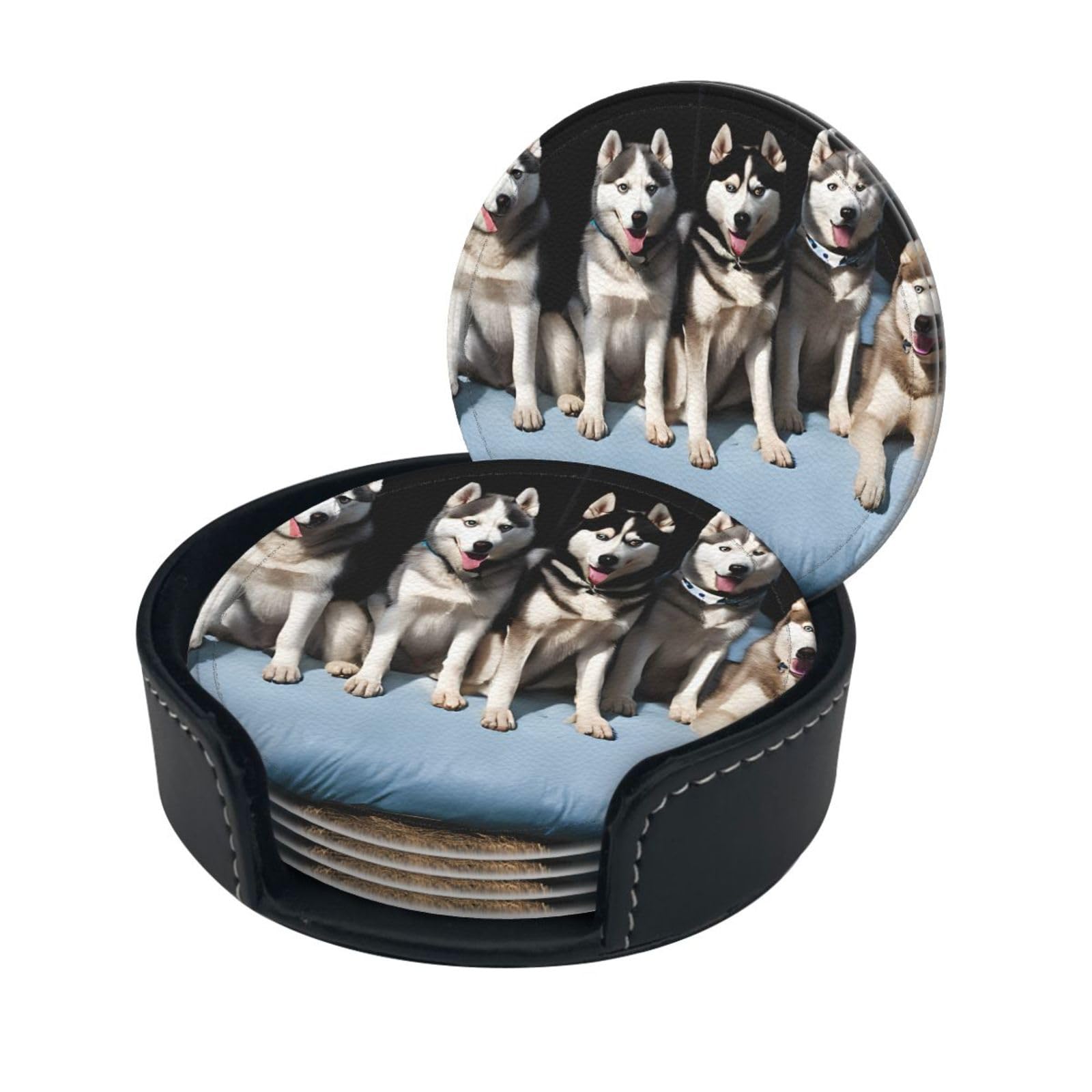 Lovely Husky Print Coaster,Round Leather Coasters with Storage Box for Wine Mugs,Cold Drinks and Cups Tabletop Protection (6 Piece)