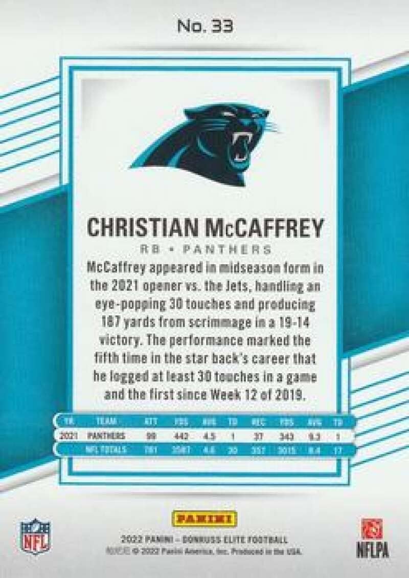 2022 Donruss Elite #33 Christian McCaffrey Carolina Panthers Official NFL Football Card in Raw (NM or Better) Condition