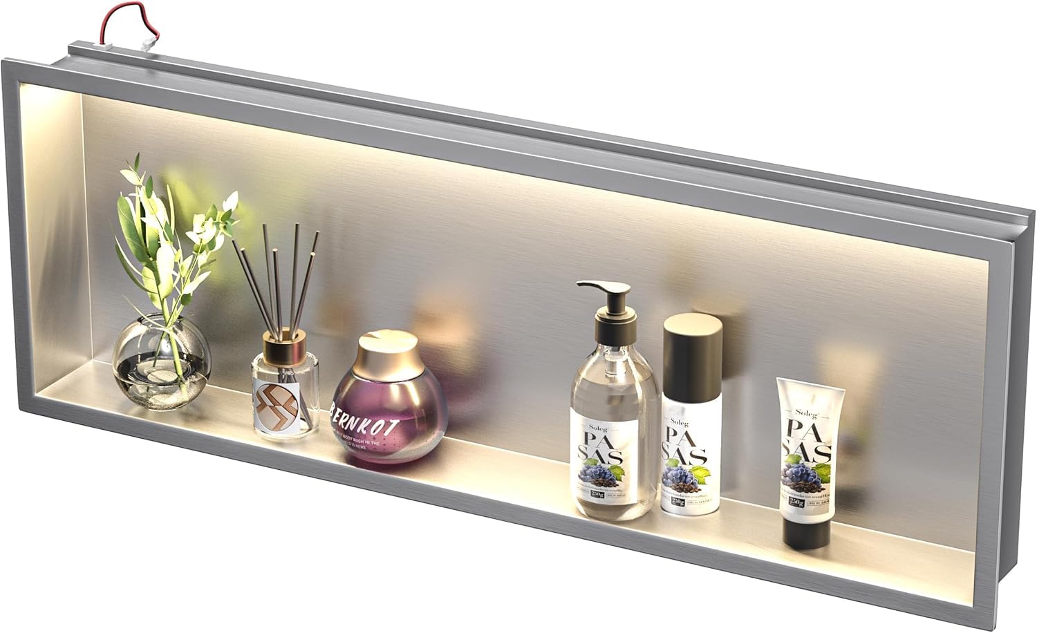 Bernkot Brushed Stainless Steel Shower Niche 900 mm x 300 mm with Waterproof LED Light No Tile Needed Wall Mount Bathroom Shelf for Storage