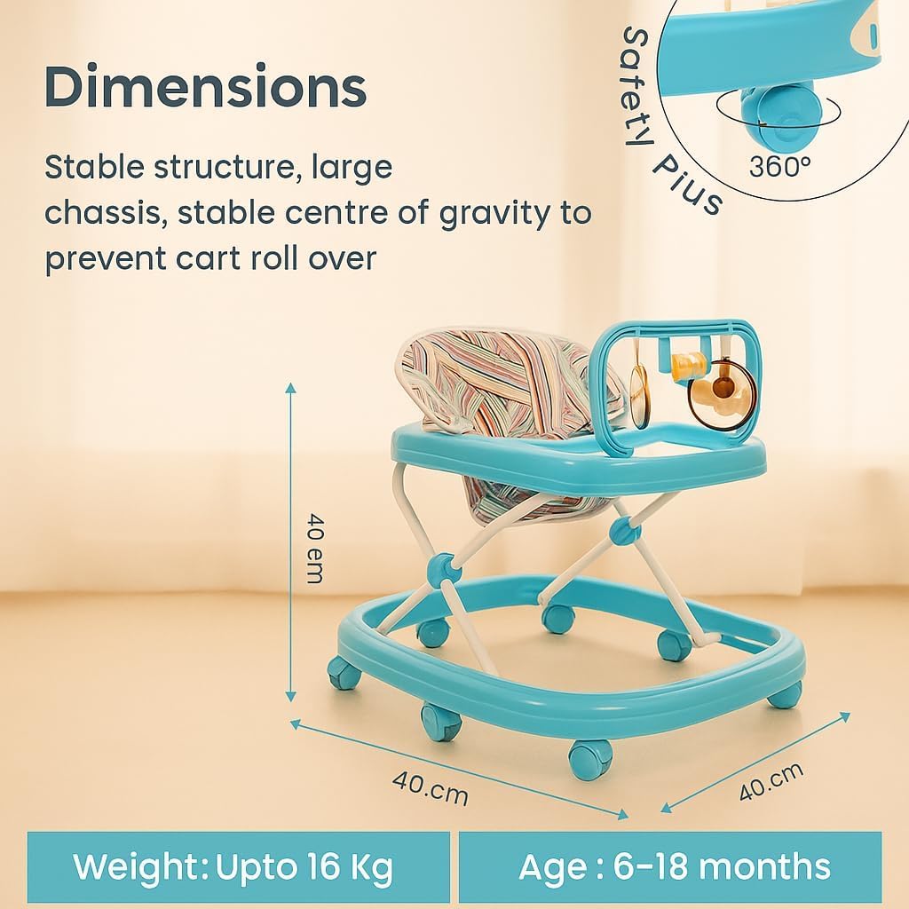 Blushbaby 360° Baby Walker for 6-18 Months | 5-Height Adjustable Activity Walker with Cushioned Seat, Meal Tray & Toy Bar | Foldable & Lightweight Walker for Boys & Girls (Sky Blue) 1