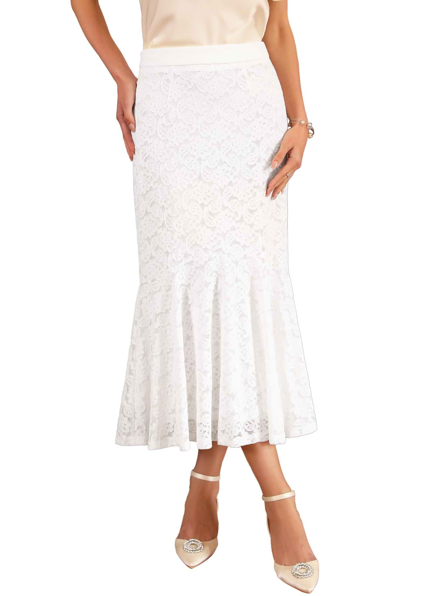 WOMLAYOUT Women's Cocktail Skirts Wedding Guest 2025 Spring Lace Ruffle Hem Midi Mermaid Skirt