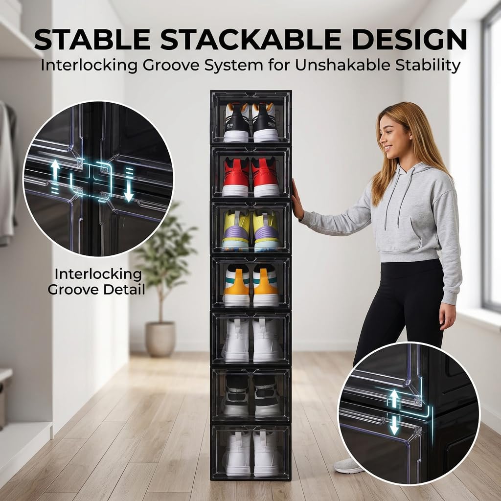 Large Black Shoe Storage Boxes Stackable, 12 Pack Hard Plastic Shoe Storage Organizer with Magnetic Door, Shoe Container Sneaker Storage Display Case Fit up to US Size 12 Black