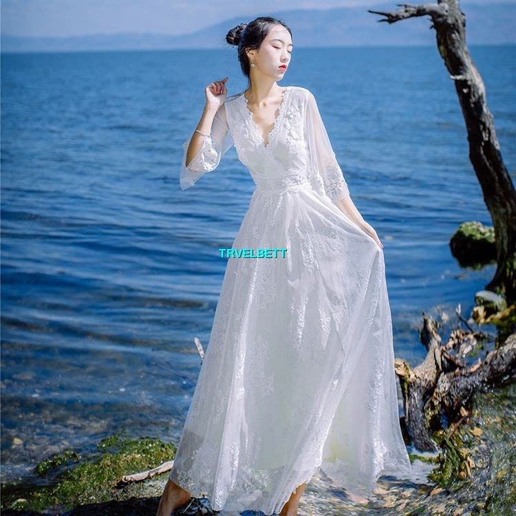 Amazon.co.jp: Dress, Lace, Sheer, Resort V Neck, Women