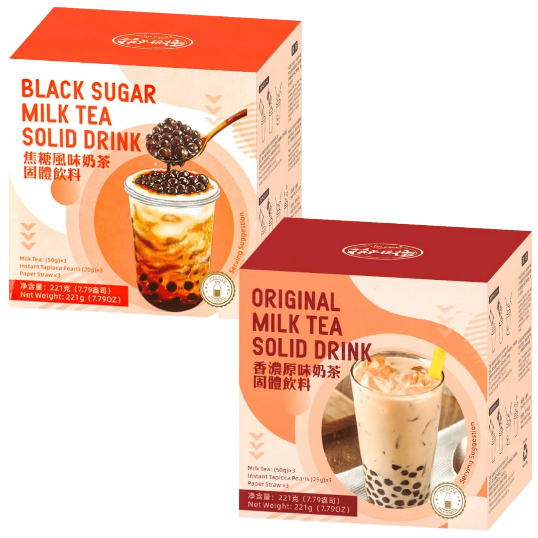 Instant Bubble Milk Tea Kit with Tapioca Pearls Boba 210g (3 Servings) - Original & Black Sugar 2 Assorted Flavours