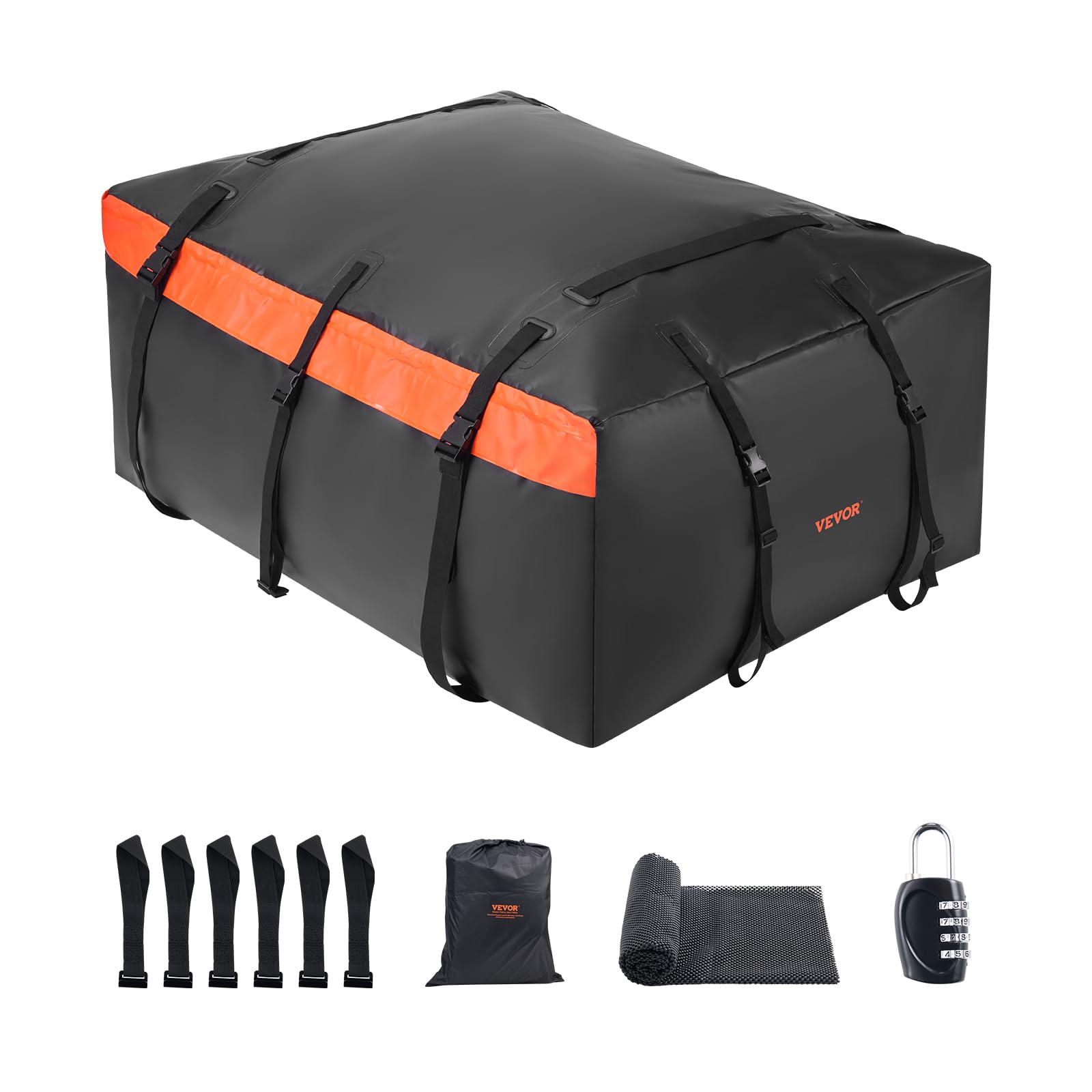 VEVOR Sac de Toit de Voiture 651 L, Coffre de Toit Étanche en PVC 840D Robuste, Sac Porte-​bagages avec Serrure, Tapis Antidérapant et 6 Crochets, Installation Rapide et Facile, pour Tous les Véhicules