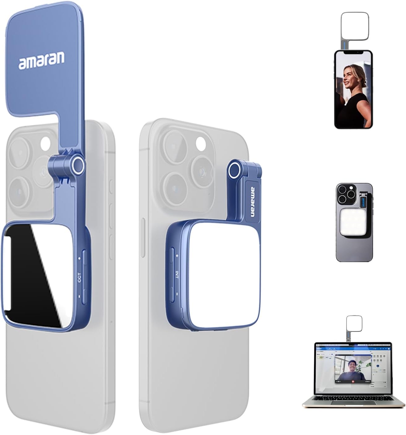 Amaran Go Magnetic Selfie Phone Light, Compatible with MagSafe & Qi2 Magnets, Dual LED Light Source with Adjustable Mirror Light & CCT (2700K-6500K), for Selfies, Makeup, & Content Creation (Blue)