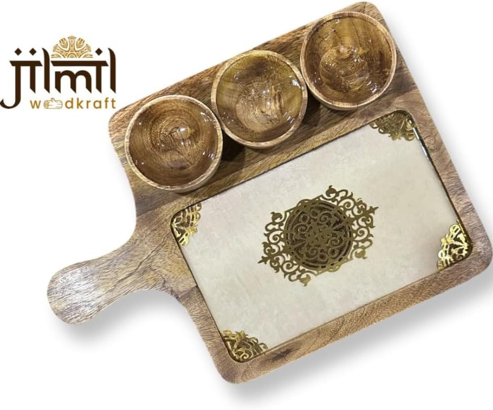 マザーオブパール木製サービングトレイ ボウル3個セット なめらか&amp;防水ラミネート仕上げ キッチン&amp;レストラン用(10