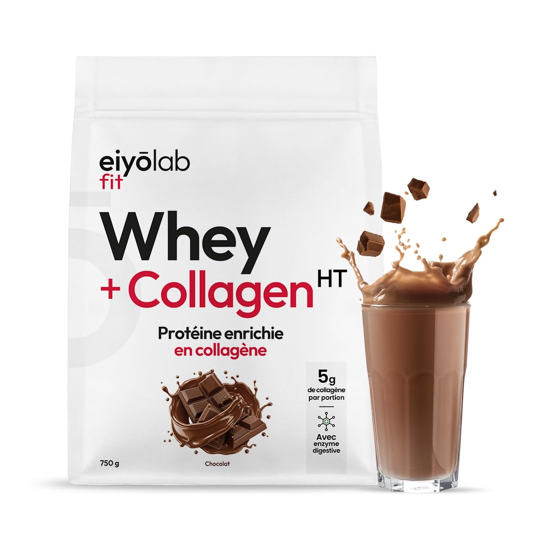 WHEY + COLLAGÈNE HT | 82% de Protéines | Peptides de Collagène Hydrolysé 2000 Da | Riche en BCAA | Construction de la masse musculaire | Entretien des Articulations | Saveur Chocolat | 750g | Eiyolab
