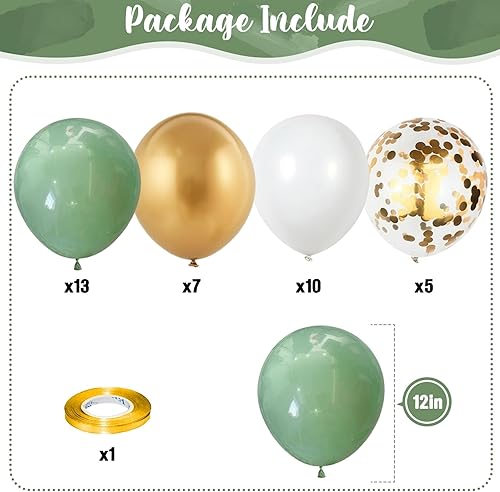 Miniatura 2 de Globos verde salvia y dorado, juego de globos de látex de confeti dorado metálico de 12 pulgadas, color verde oliva, globos dorados y verdes retro