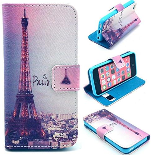 Angelina(TM) Hot Sell Fashion iPhone 5C Magnetic Flip PU Leather Wallet Case Paris Eiffel Tower Design with Stand & Credit Card Slots Cover for iPhone 5C