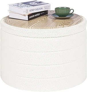 PINPLUS Round Ottoman with Stroage, Boucle Storage, Foot Stool Foldable Coffee Table Ottoman for Living Room, Bedroom, Dor...