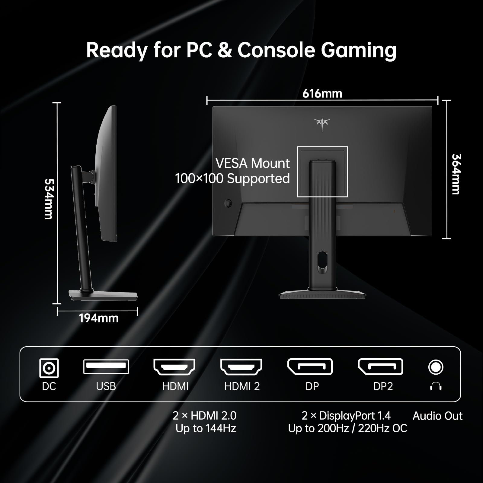 KTC Monitor Gaming 27 Pollici QHD 2560x1440 200Hz Fast IPS 1ms GTG HDR400 Adaptive Sync 10 Bit Supporto Regolabile