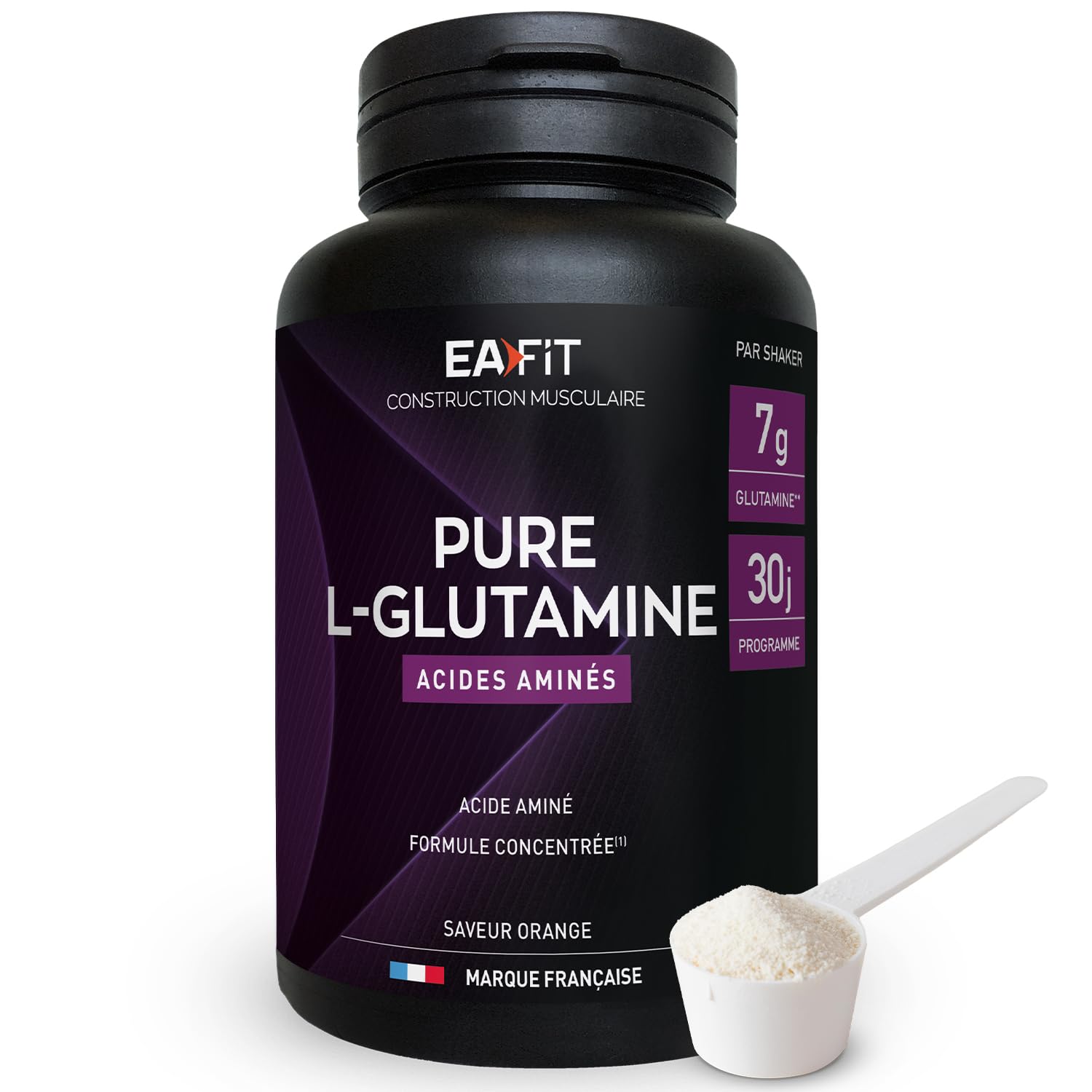 EAFIT | Pure L-Glutamine 243 g - L Glutamine en poudre - Supplément Acide Aminés en Poudre - Complément Alimentaire - Récupération Musculaire, Santé Intestinale et Immunité - Gout Orange