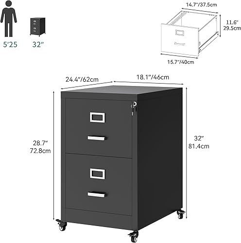 Miniatura 3 de YITAHOME Archivador vertical de 2 cajones, archivador móvil de metal con cerradura, archivador debajo del escritorio para tamaño legalcartaA4,
