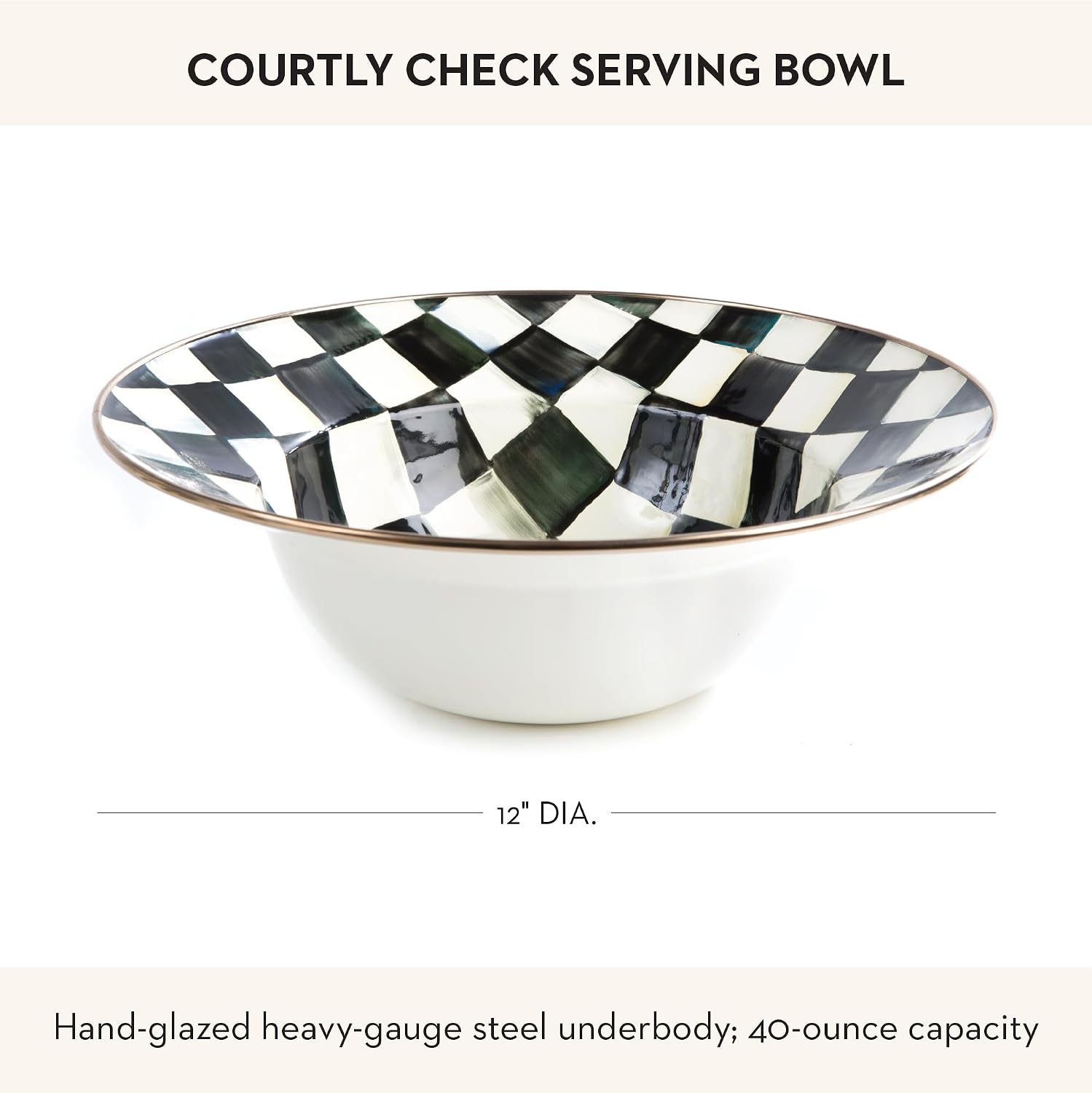 MACKENZIE-CHILDS Enamel Serving Bowl, Enamel Serveware Bowl, 12 Inches, Black-and-White Courtly Check