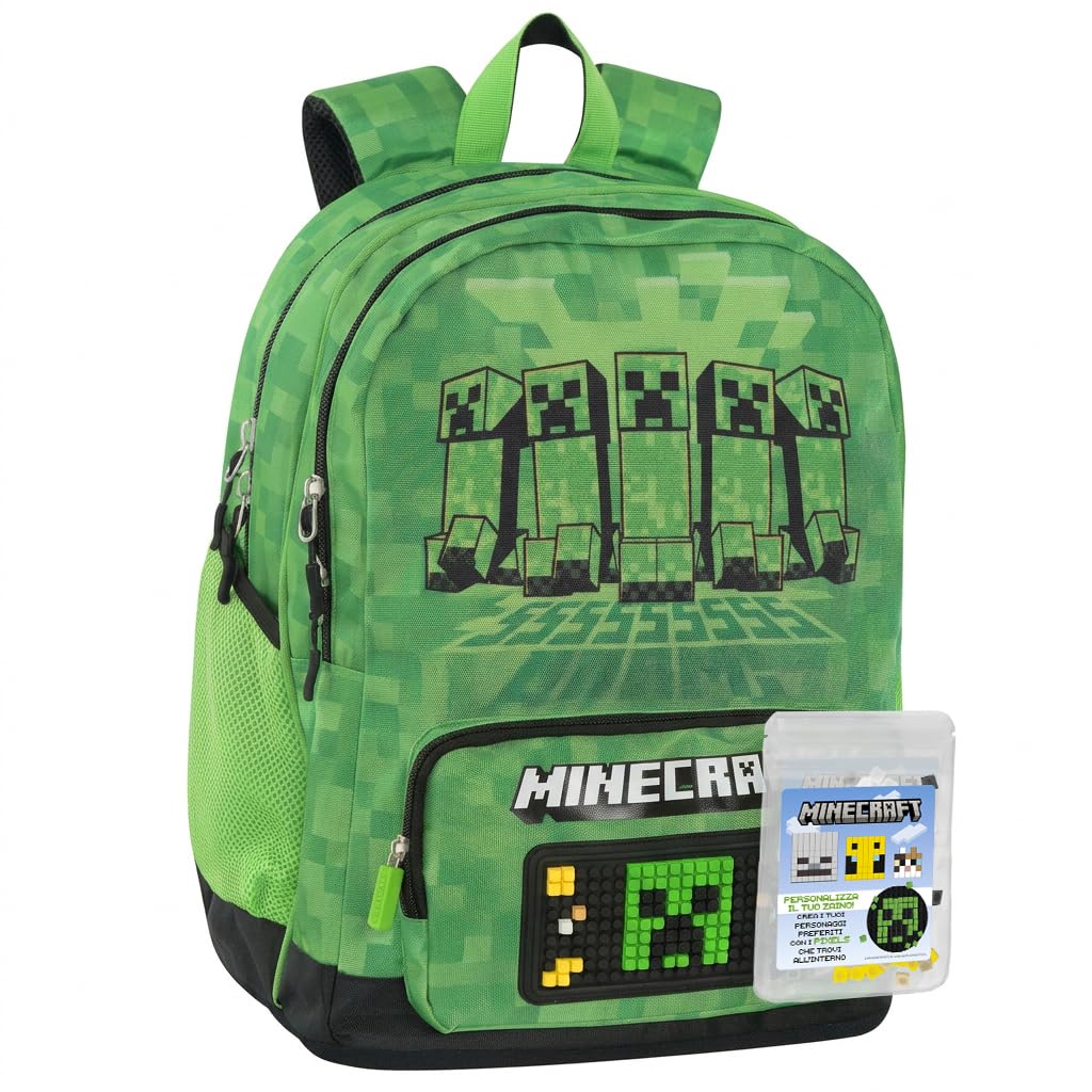 MINECRAFT Online Exclusive - Zaino Scuola Minecraft, con 2 Ampi Spazi Centrali, Tasca Frontale, Tasche Laterali in Rete, Spallacci Regolabili Imbottiti, Retro e Fondo Termoformati, 32x43Hx23cm