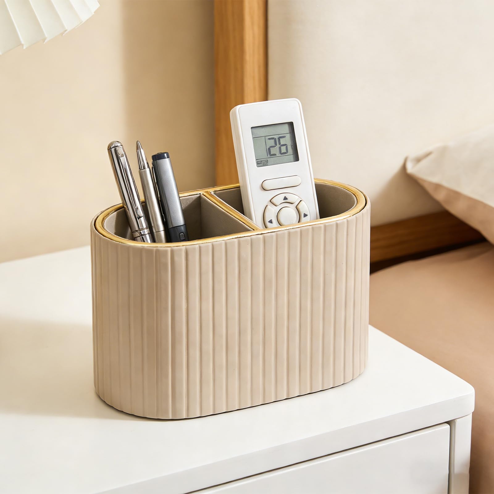 NZWBSHSSP Desk Organizer PU Leather Pencil Holder Dual Compartment Pencil Cup Remote Control Holder Makeup Brush Caddy Desktop Supplies and Accessories Organizer for Office Home School