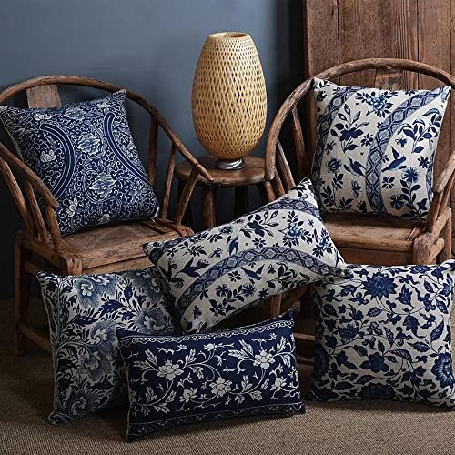 Funhom Blue Flowers Pillow Covers 20X20 Inchs Set Of 4 Leaf Floral Linen Pillow Cover Home Decorative Sofa Leaves Vintage Pillow Cases Cushion Cover #TOP6