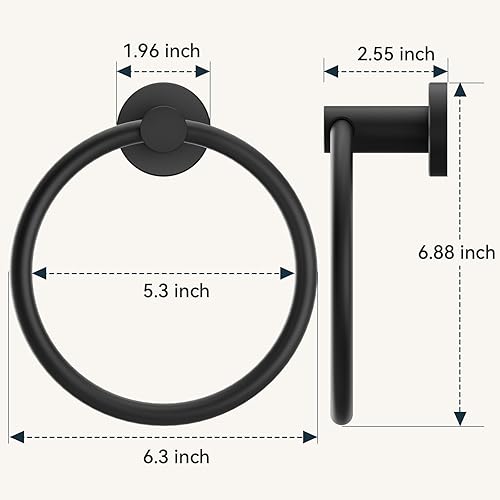 Miniatura 5 de FORIOUS Paquete de 2 anillos negros para toallas de mano para baño montado en la pared, colgador de toallas de acero inoxidable, accesorio moderno