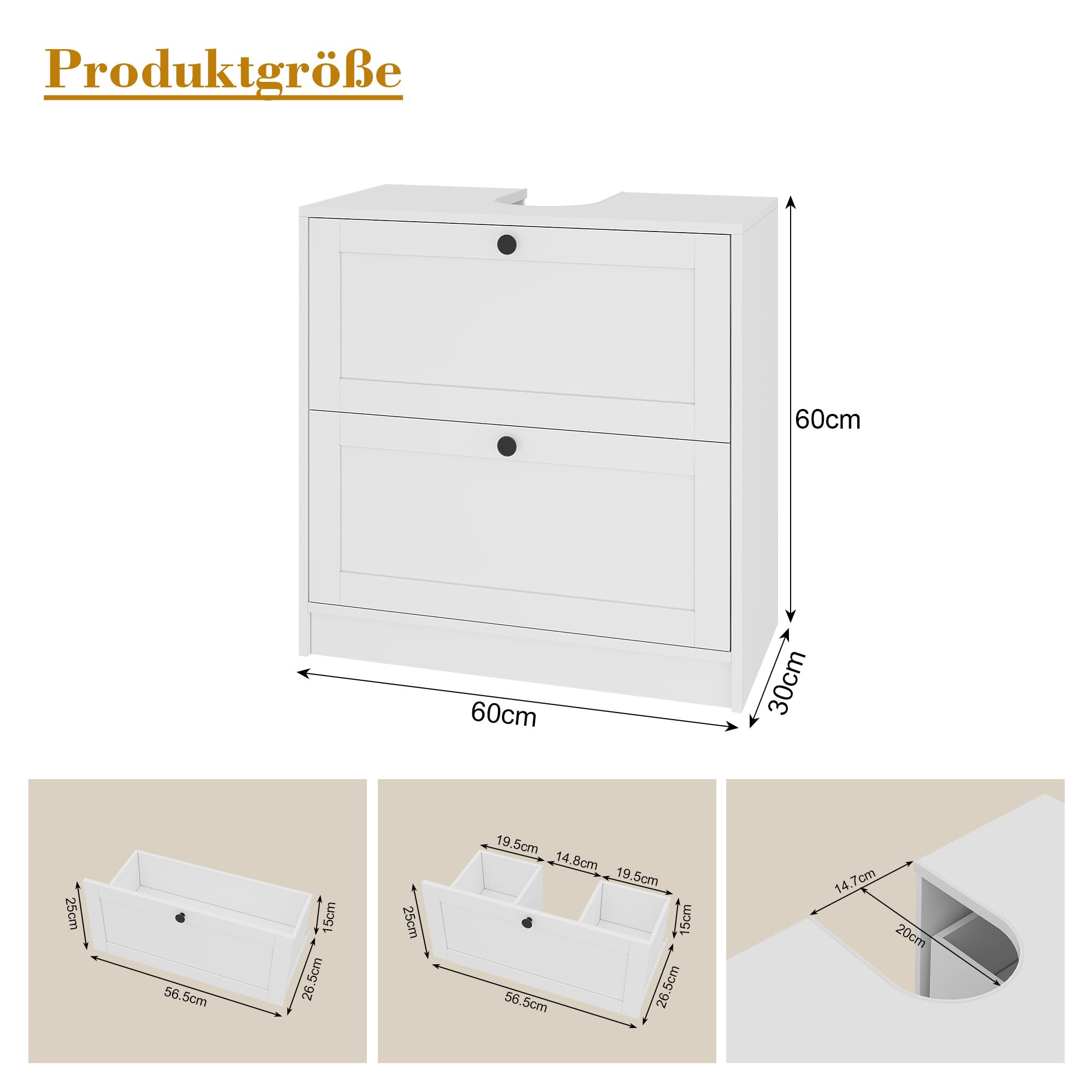 Waschbeckenunterschrank Schubladen, Unterschrank Waschbecken Weiß, Waschbeckenunterschrank 60 cm breit, Badezimmer Unterschrank Waschbecken, 60 x 30 x 60 cm, Weiß