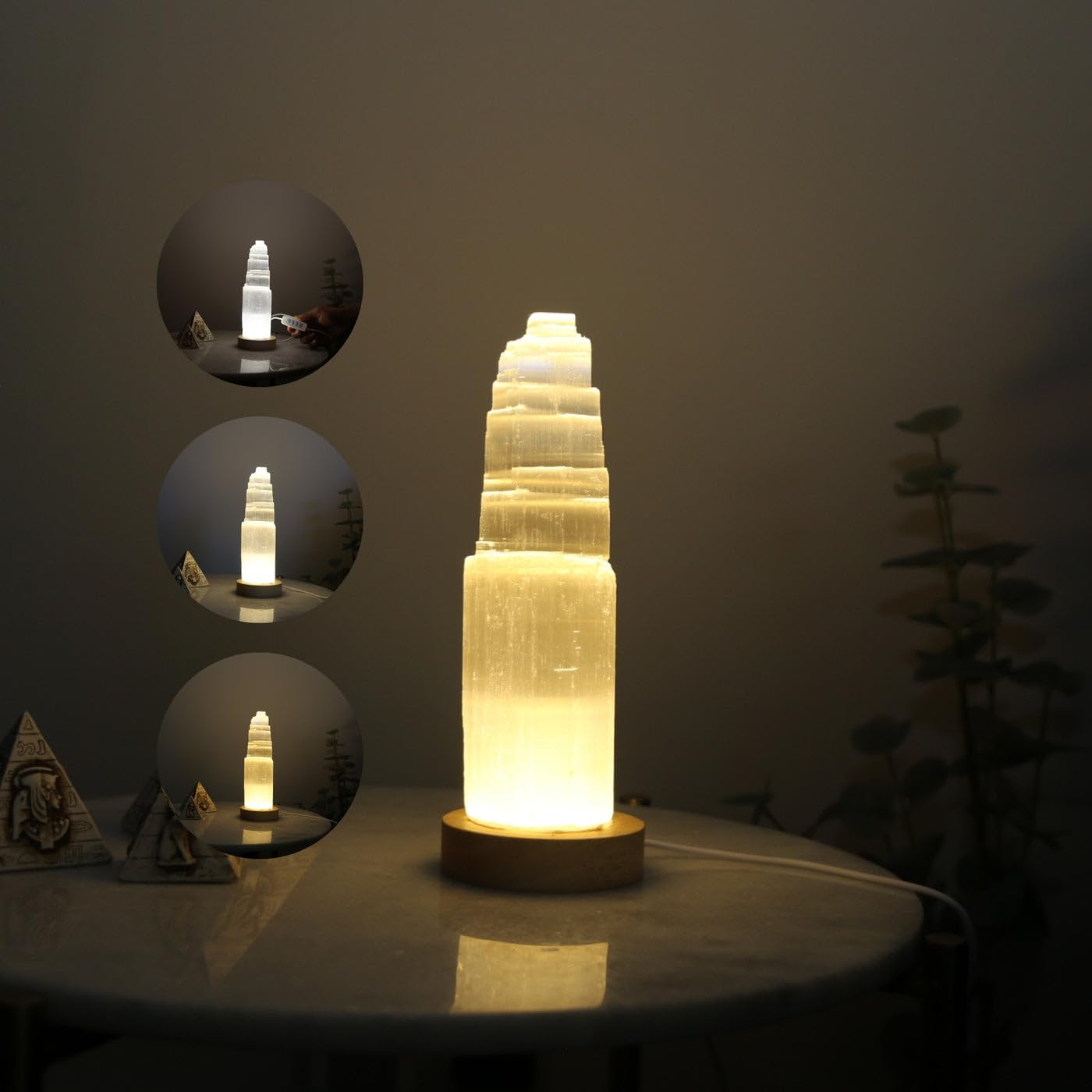 VL Pure Selenit USB Crystal Rock Dimmbare Lampe mit 3 wechselbaren Farben Bergturm Lampe Handgefertigte Holzbasis Meditation Heilung Energie Mineral Heimdekoration (20cm)