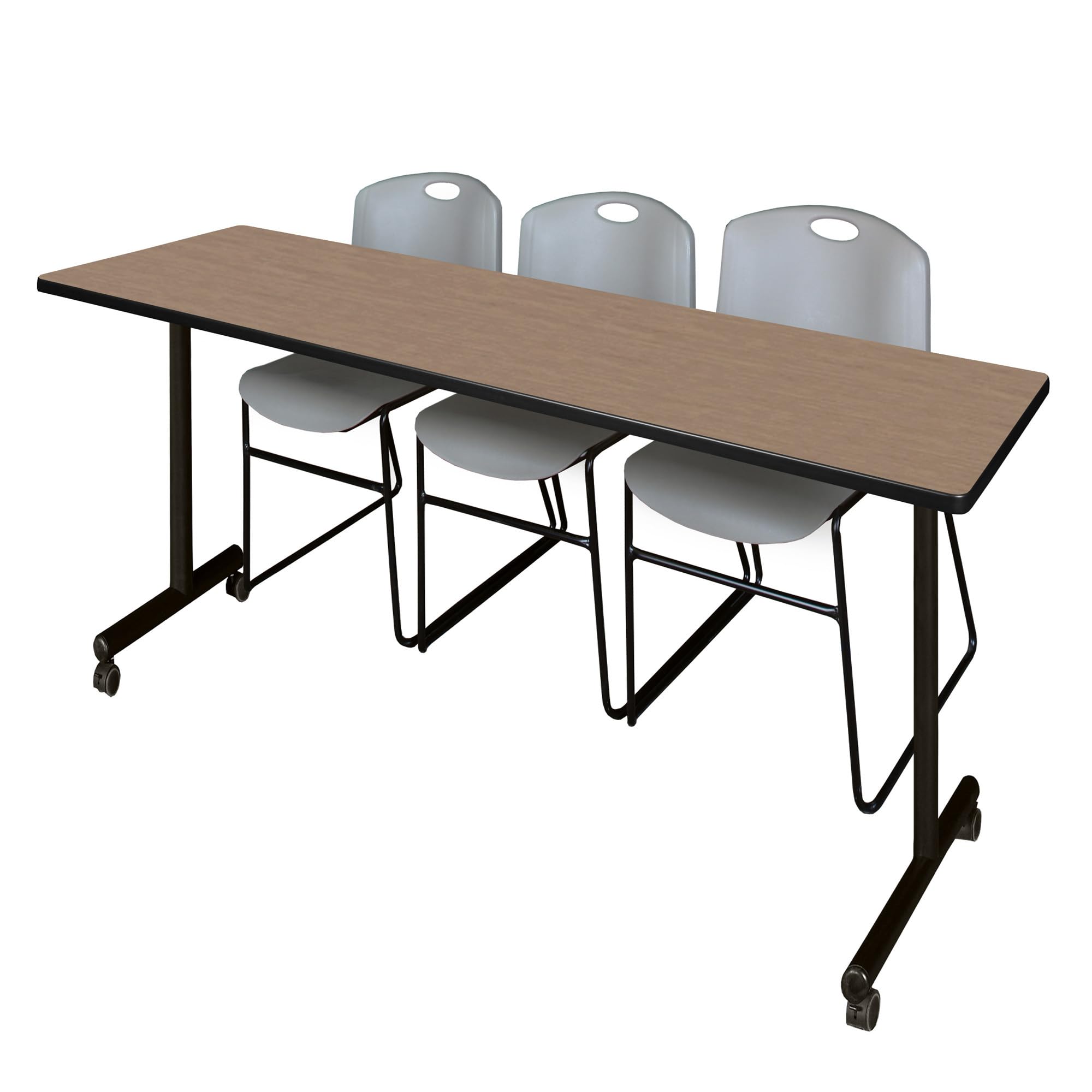 Regency Kobe 84 x 24 in. Mobile T-Base Training Table- Noble Oak, 2 Zeng Stack Chairs- Grey