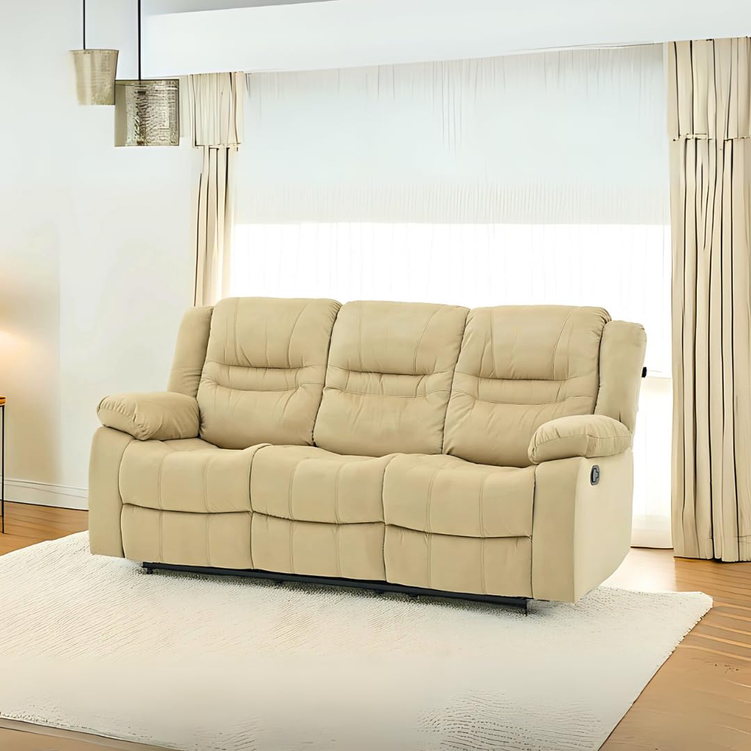 Royaloak Melaka Malaysian Fabric 3 Seater Recliner | Tufted Back with Plush Armrests & High-Density Foam | Manual Reclining Chair with Heavy-Duty Metal Base & Pocket Springs Comfort-image-1