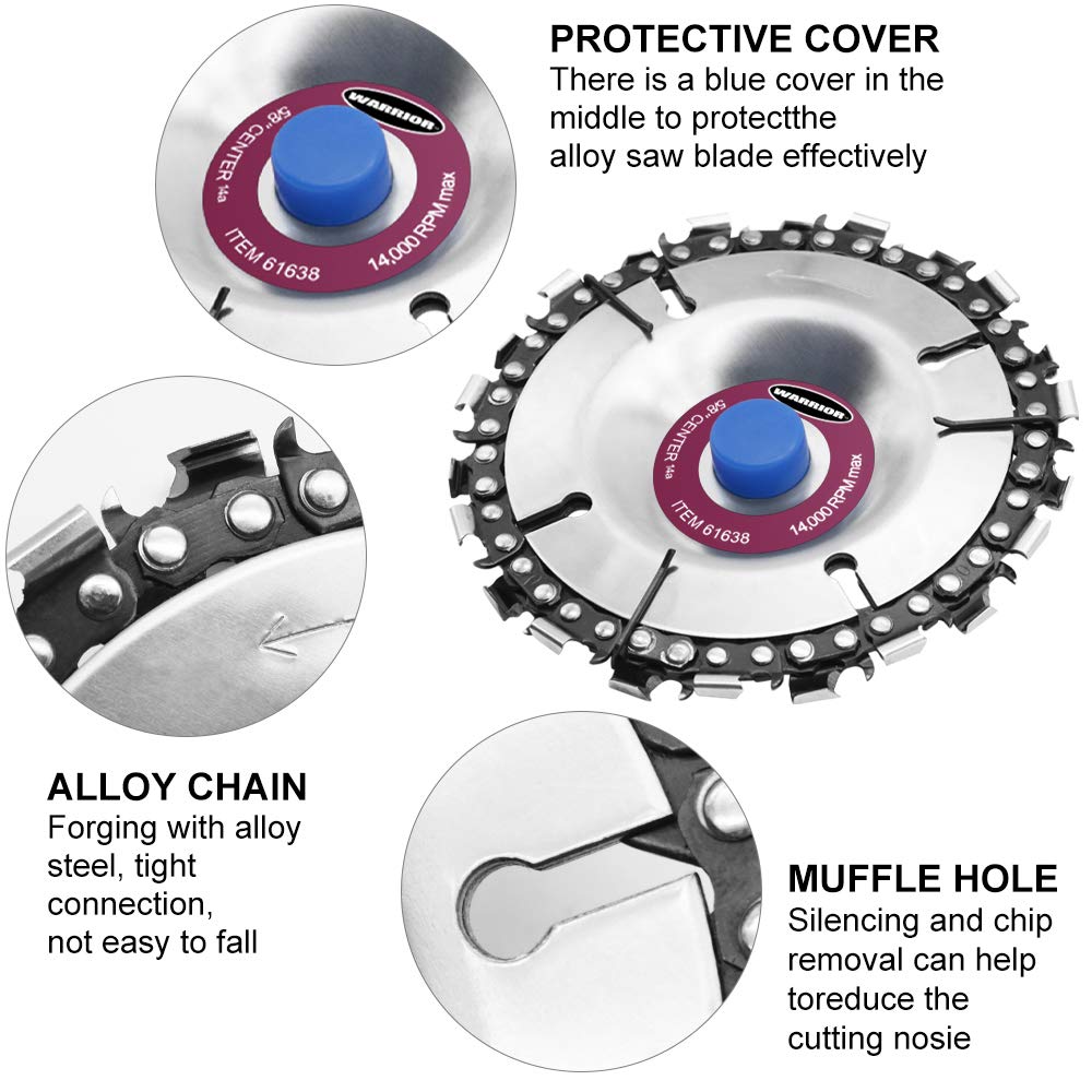 Wood Carving Disc Chain Saw Circlet,Stainless Steel,Double Saw Teeth,Anti-kickback Action,4 Inch 22 Teeth,5/8 Arbor,For 4"or 4-1/2" Angle Grinder 1