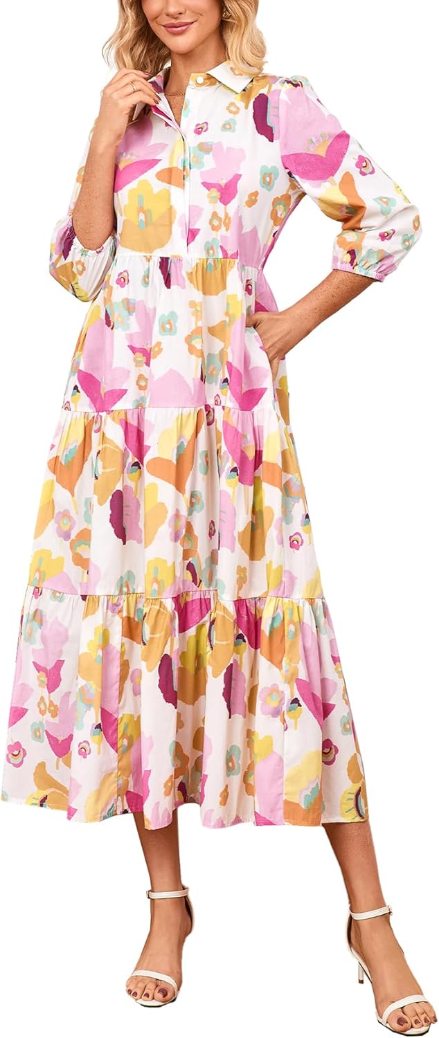 Women's Button Down Maxi Shirt Dress Collared 3/4 Sleeve Plaid Long Dress Casual Flowy V Neck Tiered Cotton Maxi Dress