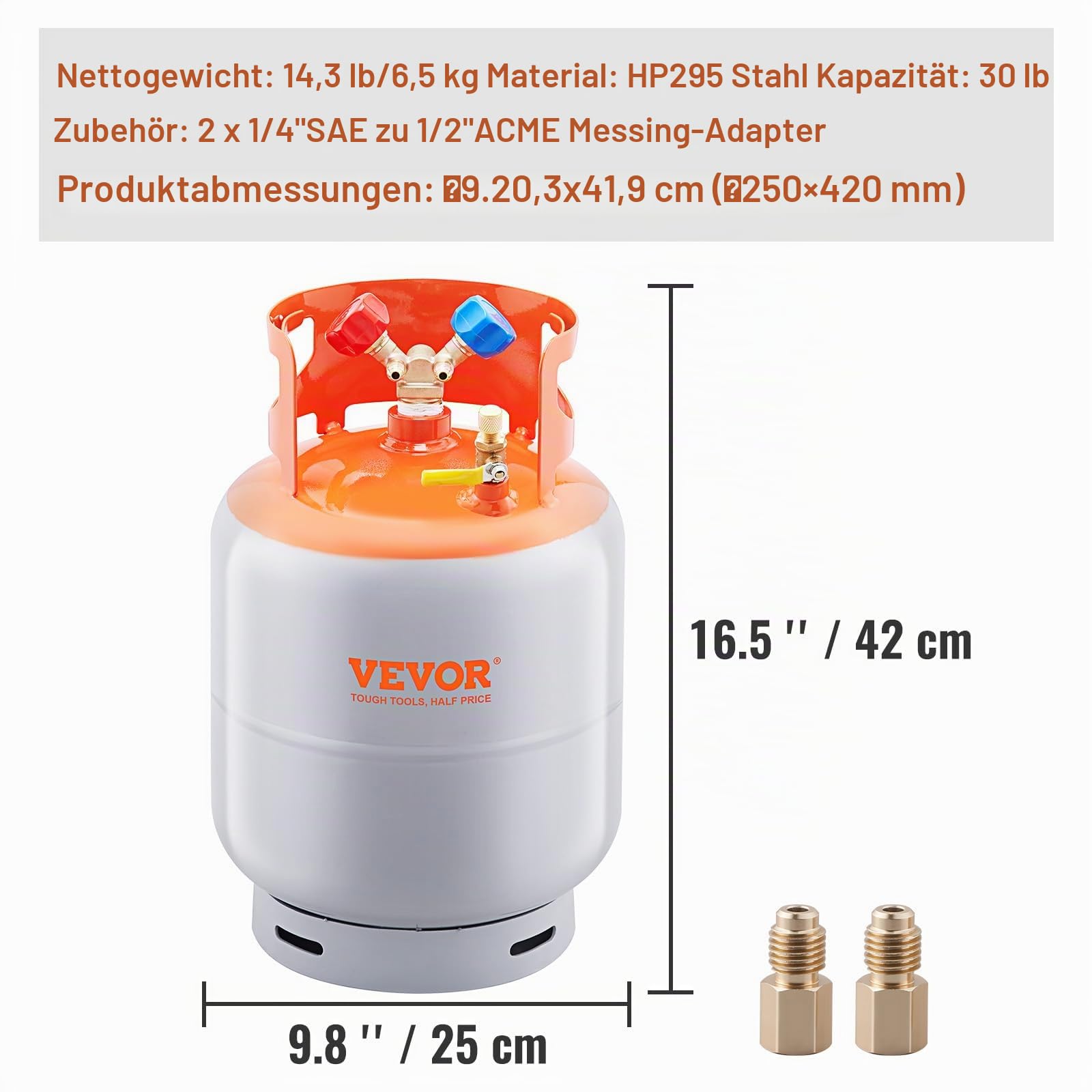 VEVOR Kältemittel-Rückgewinnungsbehälter, maximale Kapazität 13,6 kg, 400 PSI, Kältemittel-Gasrückgewinnungszylinder Φ250 x 390 mm, HP295 Stahl Kältemittel-Rückgewinnungsbehälter