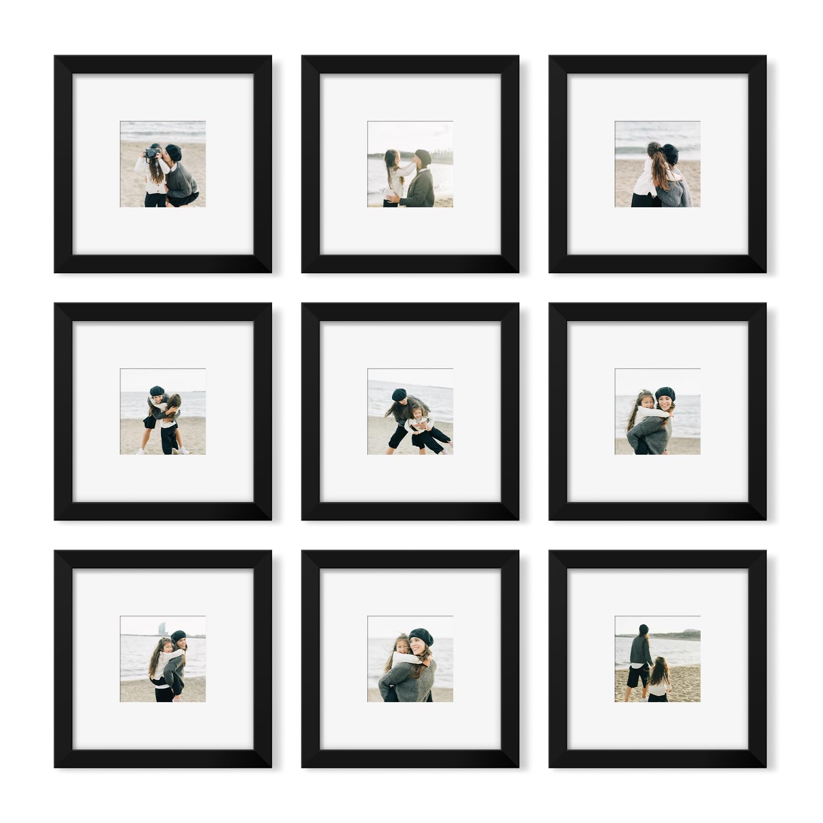 Photo 1 of YESKAY 8x8 Picture Frame Set of 9, Photo Gallery Wall Frame Set, Display Pictures 4x4 with Mat or 8 x 8 Without Mat, Square Frame Picture Frames Collage Wall Decor, Black