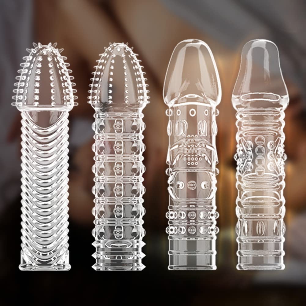 Confezione da 4 custodie spesse in silicone trasparente, riutilizzabili, per stimolazione intensiva del pene e miglioramento dell'erezione