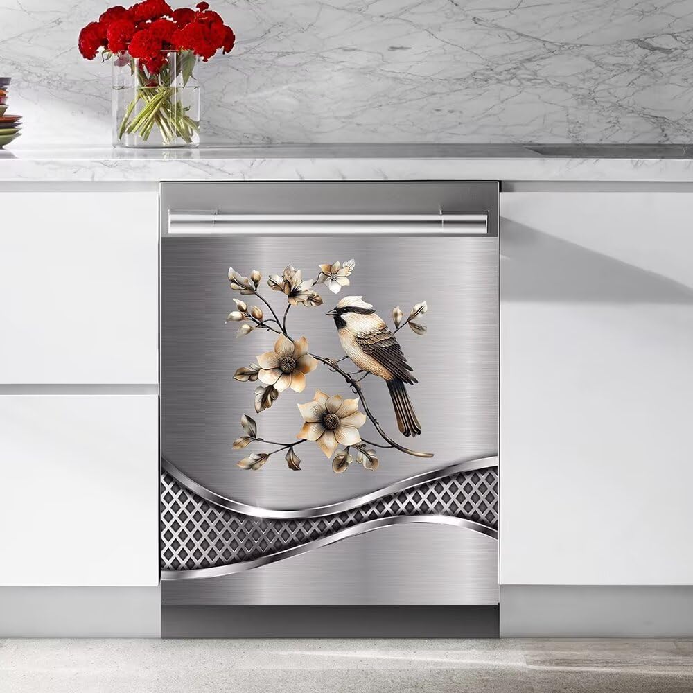 Imitation Stainless Steel Design Bird Pattern Dishwasher Cover Magnetic Sticker Refrigerator Door Panel Cover Fridge Appliance Magnet Decal Sheet
