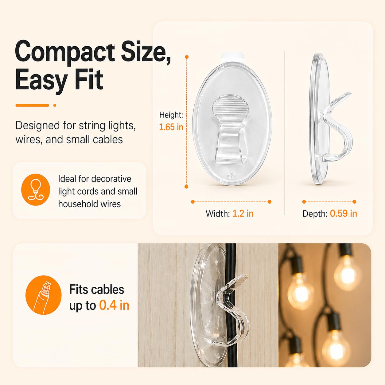 Ganchos para clips de luz de cuerda al aire libre: 20 clips de cadena de luces para exteriores, clip de luz transparente resistente para colgar con adhesivo impermeable para colgar en el patio